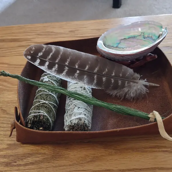 Deluxe Smudge Kit, Buffalo Leather Tray 1 Smudge Kit Deluxe, distressed crazy horse brown