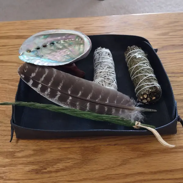 Deluxe Smudge Kit, Buffalo Leather Tray 2 Deluxe Smudge Kit, Distressed matt black